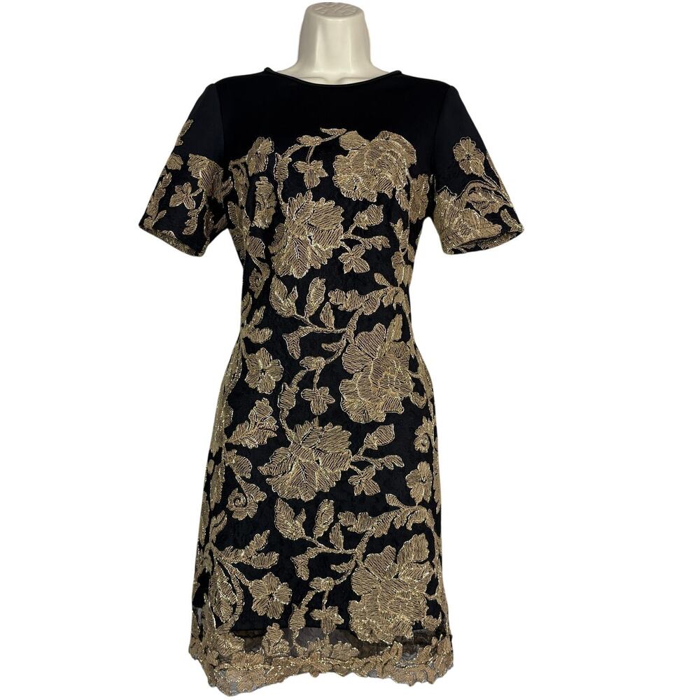 Tadashi Shoji Sabi Dress Black Gold Formal Floral Peony Bodycon Modest Neck 6